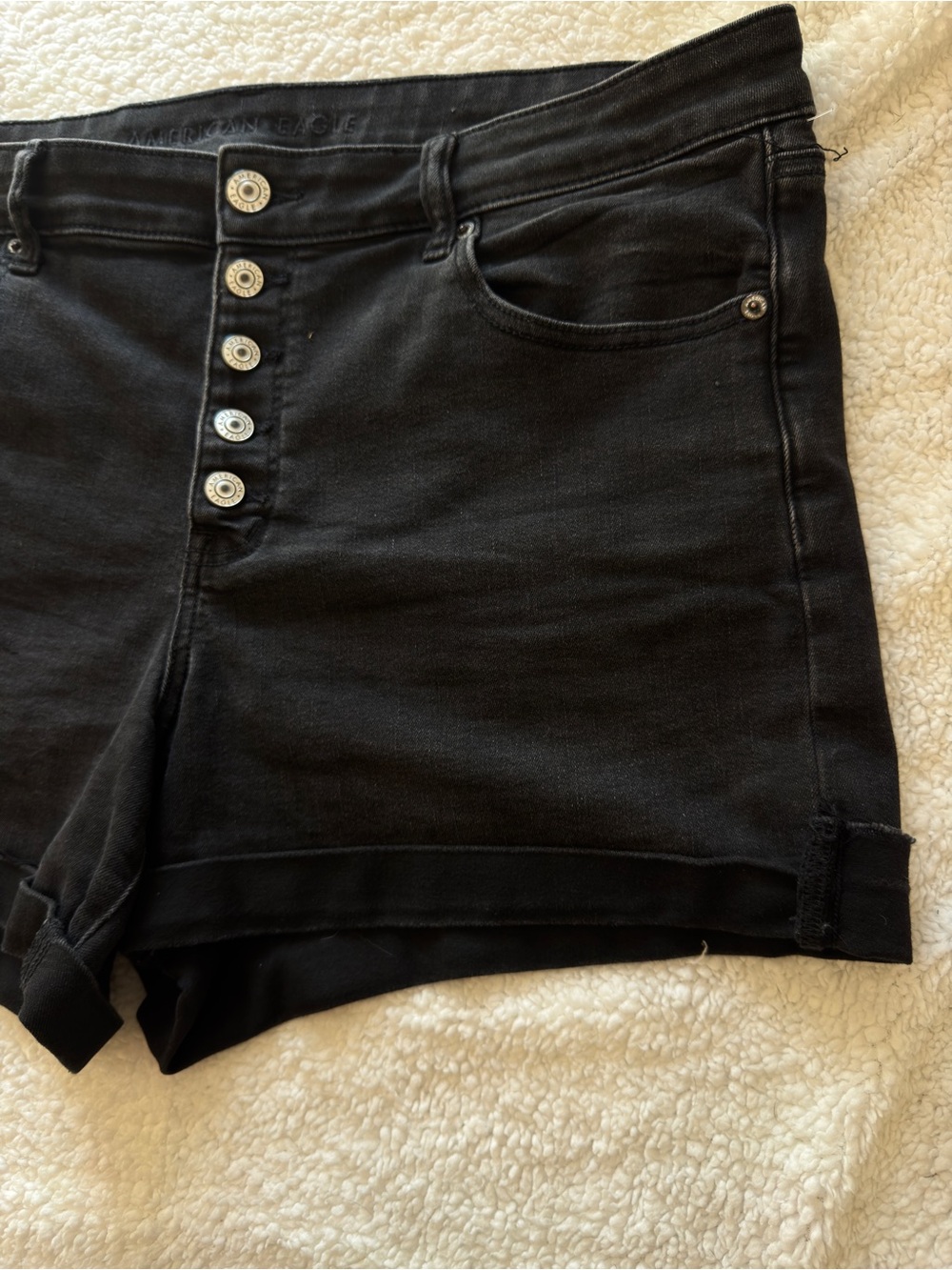 American Eagle Outfitters Black High-Rise Button-Front Jean Shorts, stretch 18 - Picture 2 of 10
